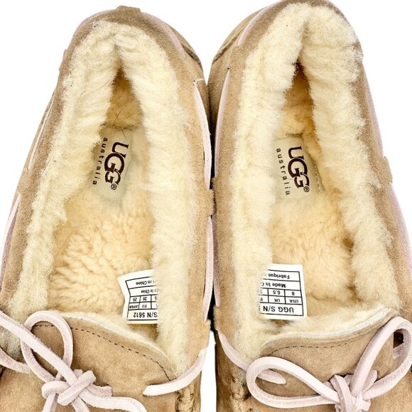 UGG Australia Slippers Womens Size 8 Sheepskin-Lined Leather Moccasin Tan - Picture 2 of 8
